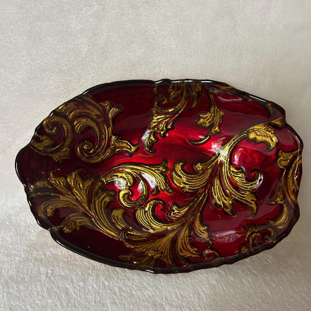 Elegant Red & Gold Decorative Glass Bowl